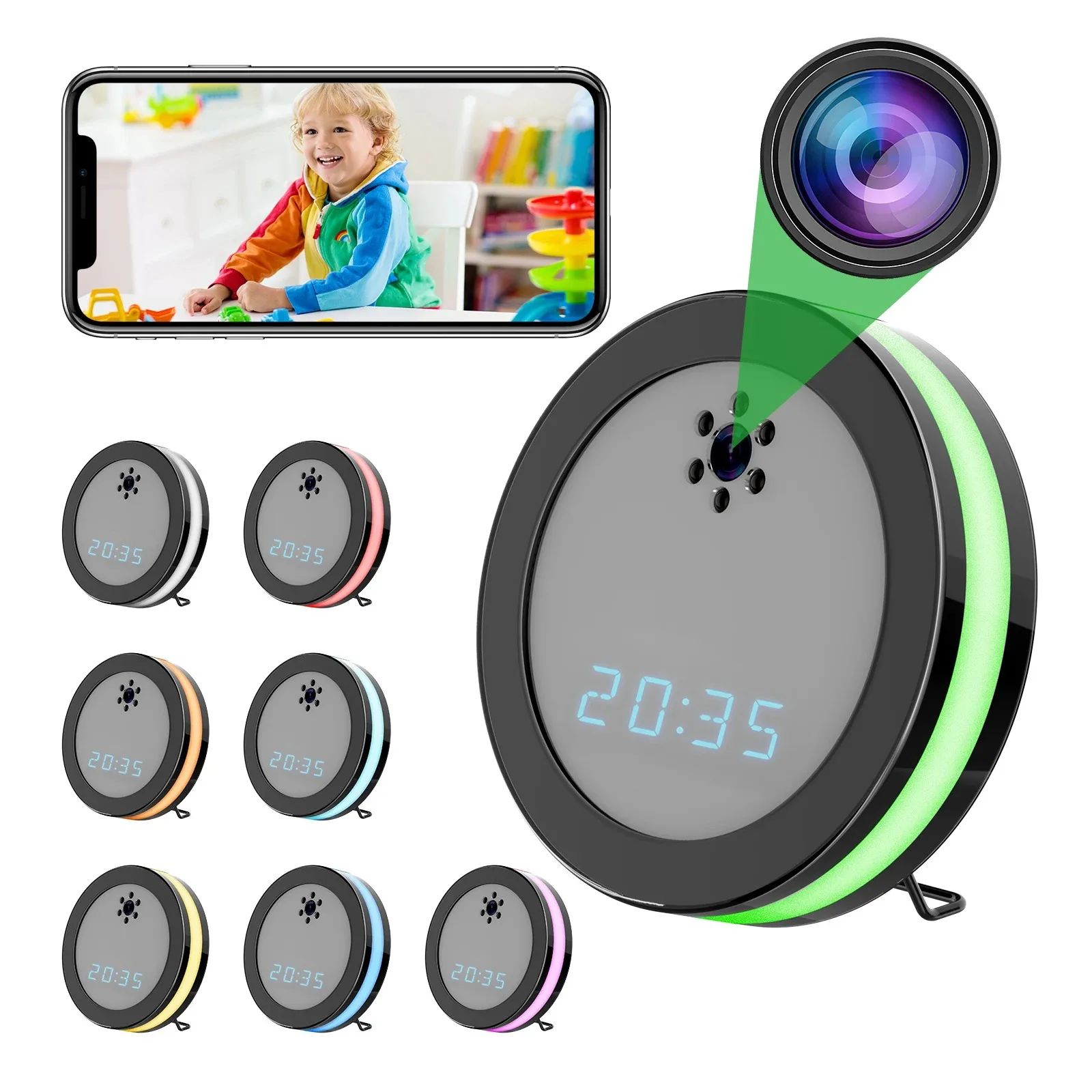 Mini alarm clock camera full HD 1080P wireless WiFi control night vision nanny DVR camera home monitoring clock LED color lights