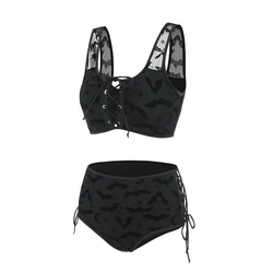 Dressfo Women's Gothic Bikini Swimsuit Bat Crescent Star Print Bathing Suit Cinched Mesh Lace Up Cut Out Swimwear Two Piece Set
