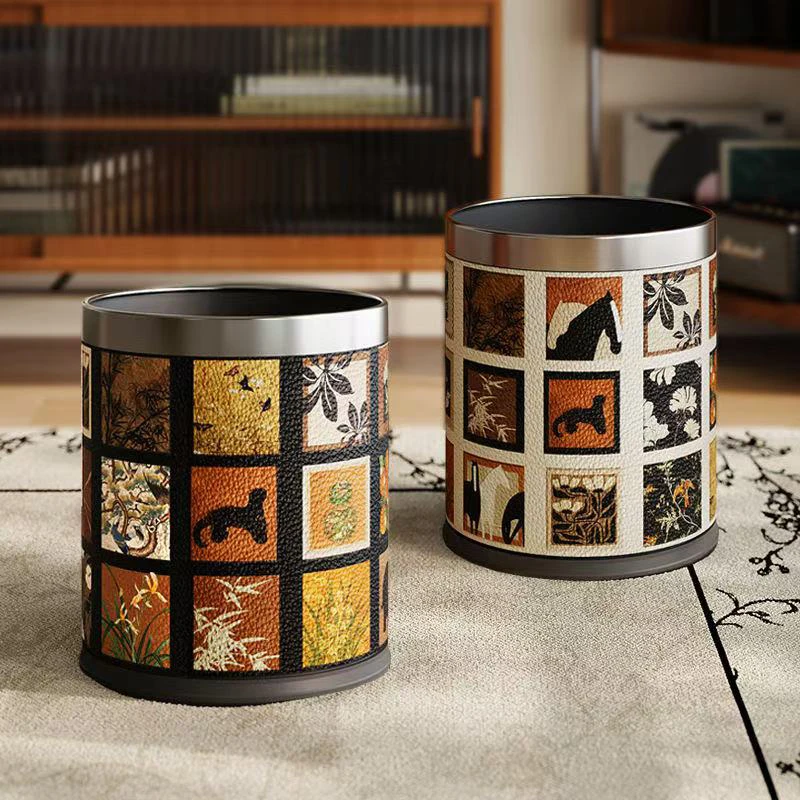 

Кожаная мусорная корзина в стиле ретро, двухслойная большая емкость, спальня, офис, роскошная домашняя гостиная, декоративная мусорная корзина, простая современная...