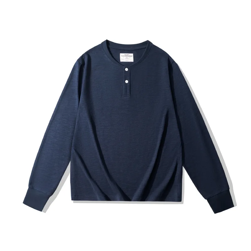 320g Slub Cotton Henley Shirt Vintage Casual Style Men's Long Sleeve T-Shirt Fall Basic Layer Tee
