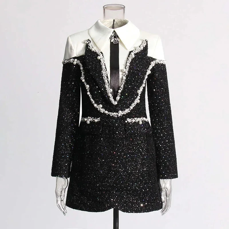 Customized Black Tweed Mini Dress White Collar Rhinestone Trim Long Sleeve Elegant Birthday Party Gown for Women