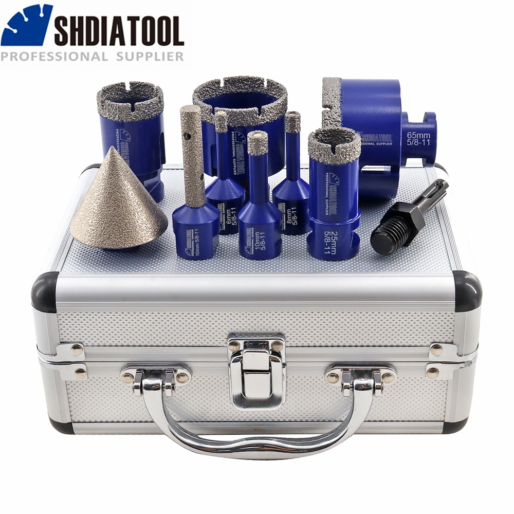 

SHDIATOOL 10pcs 6/8/10/25/35/50/65mm Diamond Drill Bits+10mm Finger Bit+50mm Chamfer Bit+SDS Adapter 5/8"-11 Thread Tool Kit Box