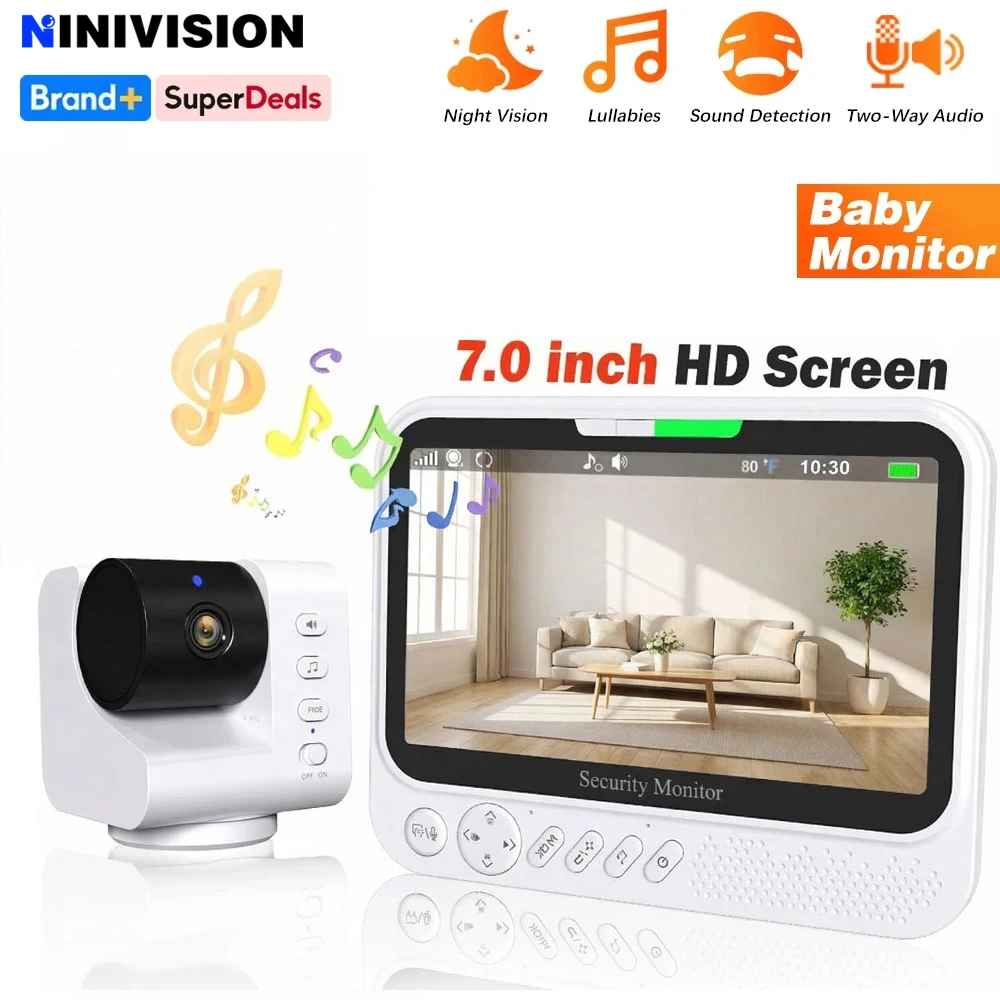 

Smart Baby Monitor 7inch HD Screen Long Distance PTZ Camera Digital Sound Detect Temperature Tracking Lullaby & Two-Way Talk