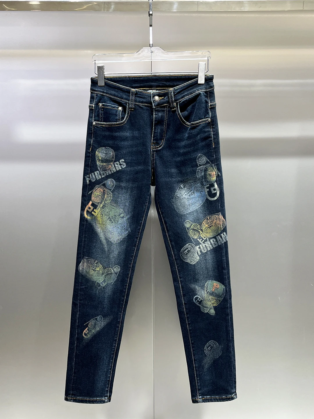 

Faionable Printed Slim Fit Men's Jeans Elastic Korean Sle Small Footwear Blue Floral Patterned Casual Straight Leg Trousers