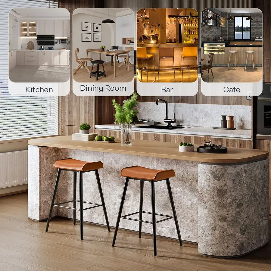 Bar Stools, 24.8 Set of 2 Barstools, PUPadded Tall Stools with Foot Support, Kitchen Breakfast Seats, Counter Height Bar Chairs,