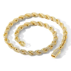 HIP Hop Full CZ Stone Paved Bling Iced Out 8mm Twist Rope Chain Chokers Necklace for Men Rapper Jewelry Gold Silver Color