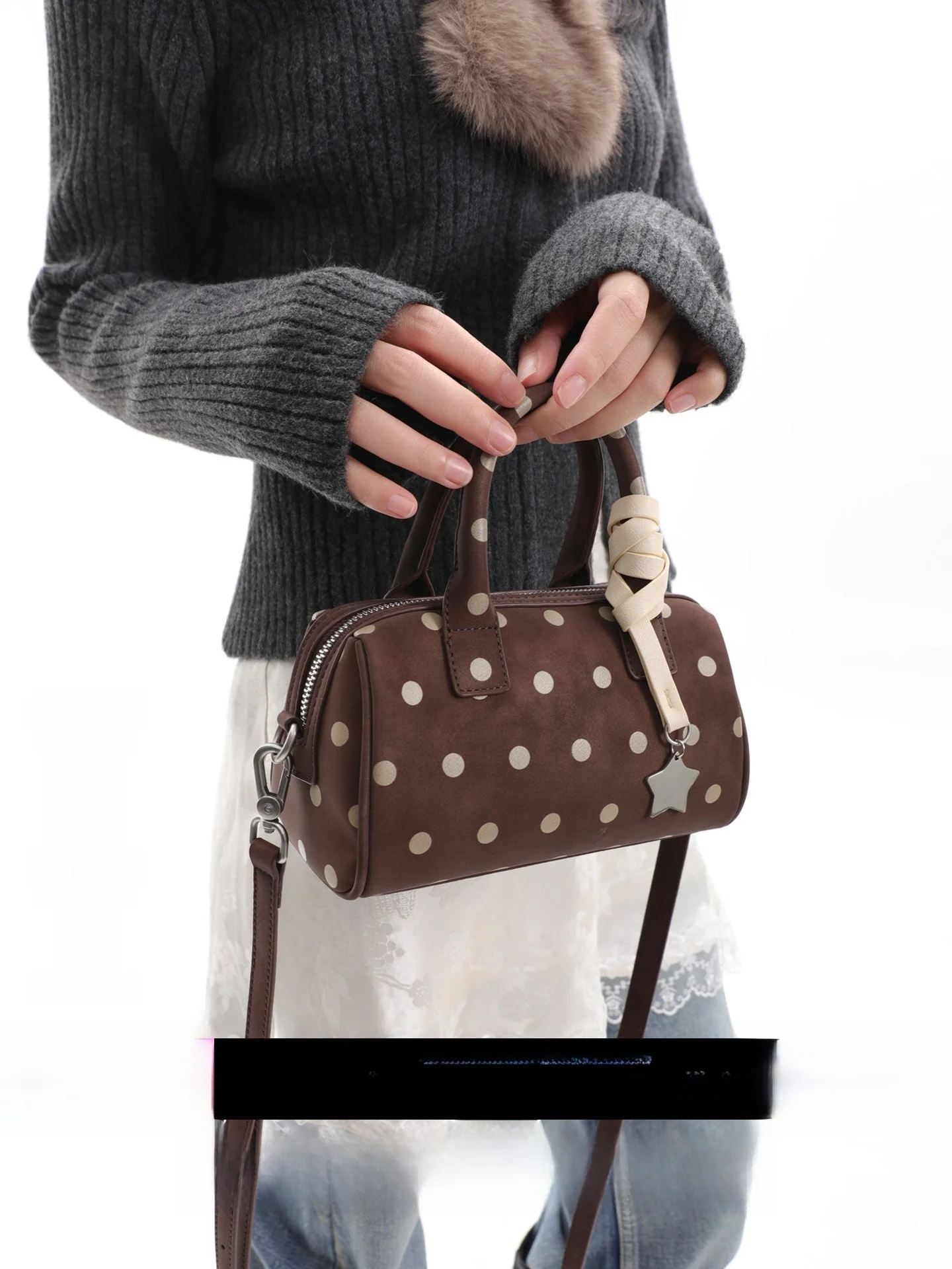 

Original JANDRESS Boston Bag with Star Hanging Ornament And Polka Dots Crossbody Shoulder Bag Soft PU Leather Sweet Cool Style