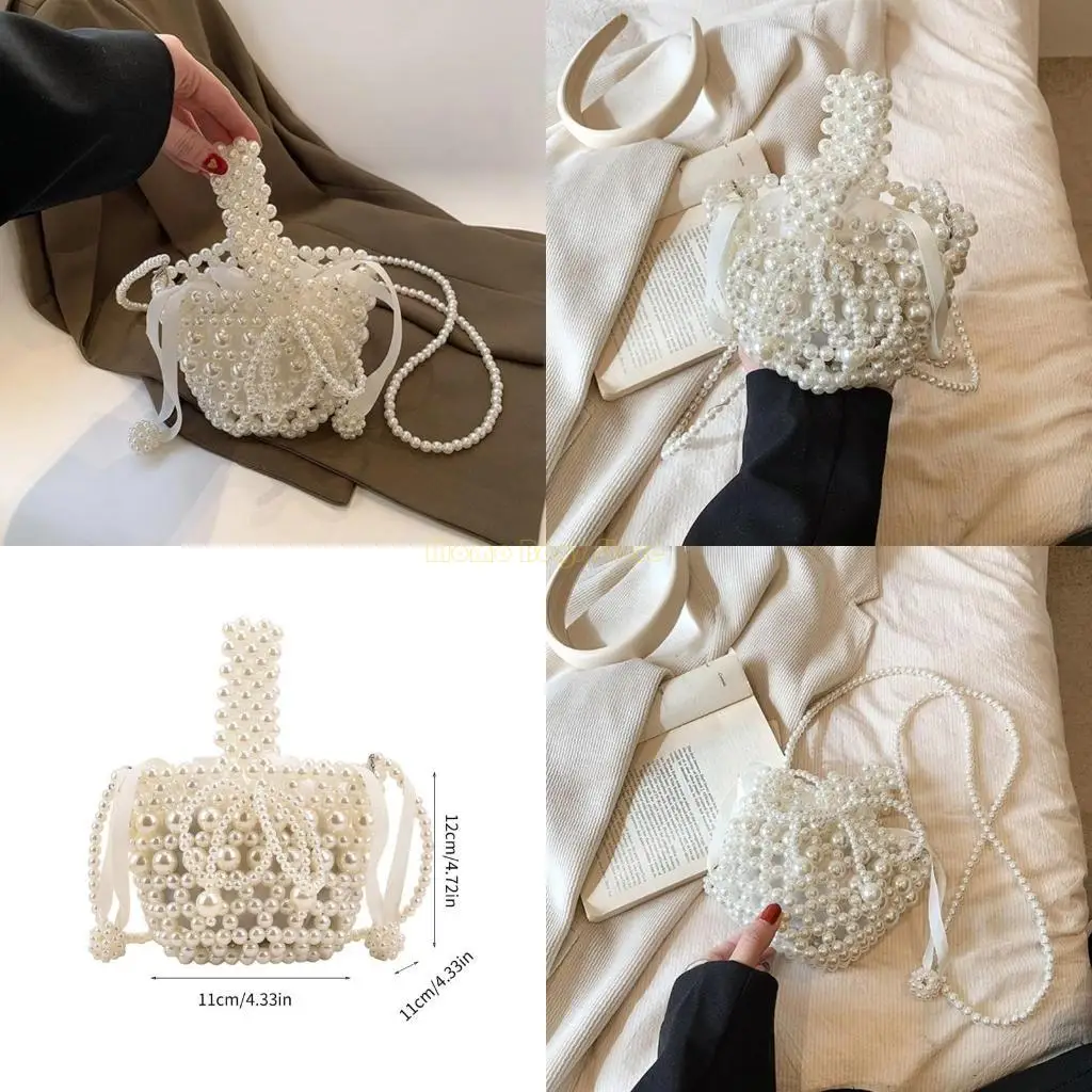 

X90D Elegant Women's Artificial Pearl Bowknot Detail Crossbody Bag Bucket Handbag