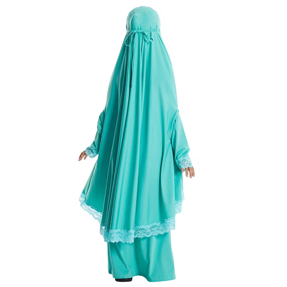 Ramadan Hooded Khimar Jalabiya Muslim Sets Kids Girls Hijab Dress Eid Lace Djellaba Abaya Robe Skirt Islam Prayer Garment Kebaya