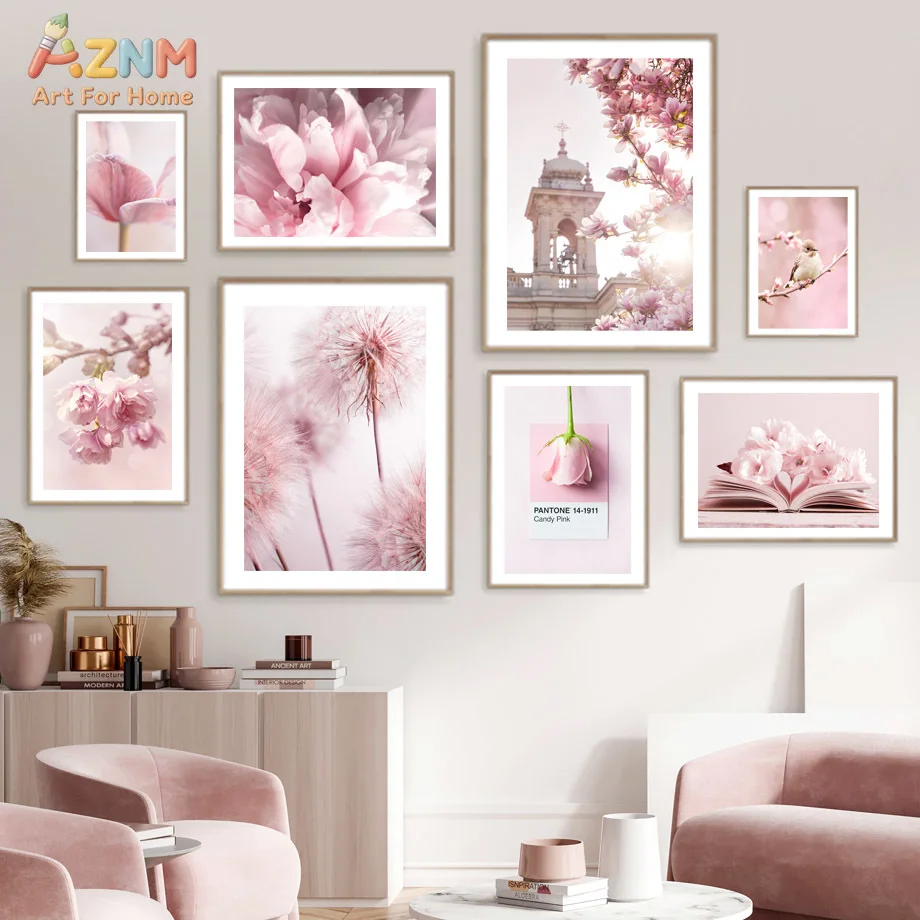 AZNM Pink Floral Canvas Wall Art Print, Cherry Blossom Peony Dandelion Poster for Living Room Bedroom Decor, No Frame