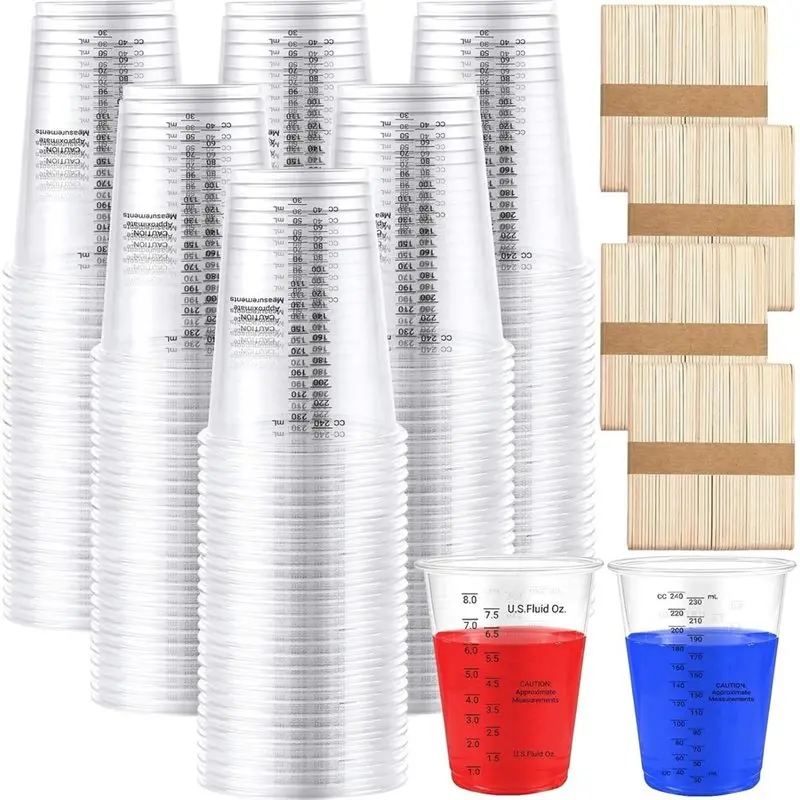A02F-Disposable Mixing Cups With Sticks 8 Oz, 200-PACK Plastic Measuring Cups For Epoxy Resin, Painting, DIY Projects