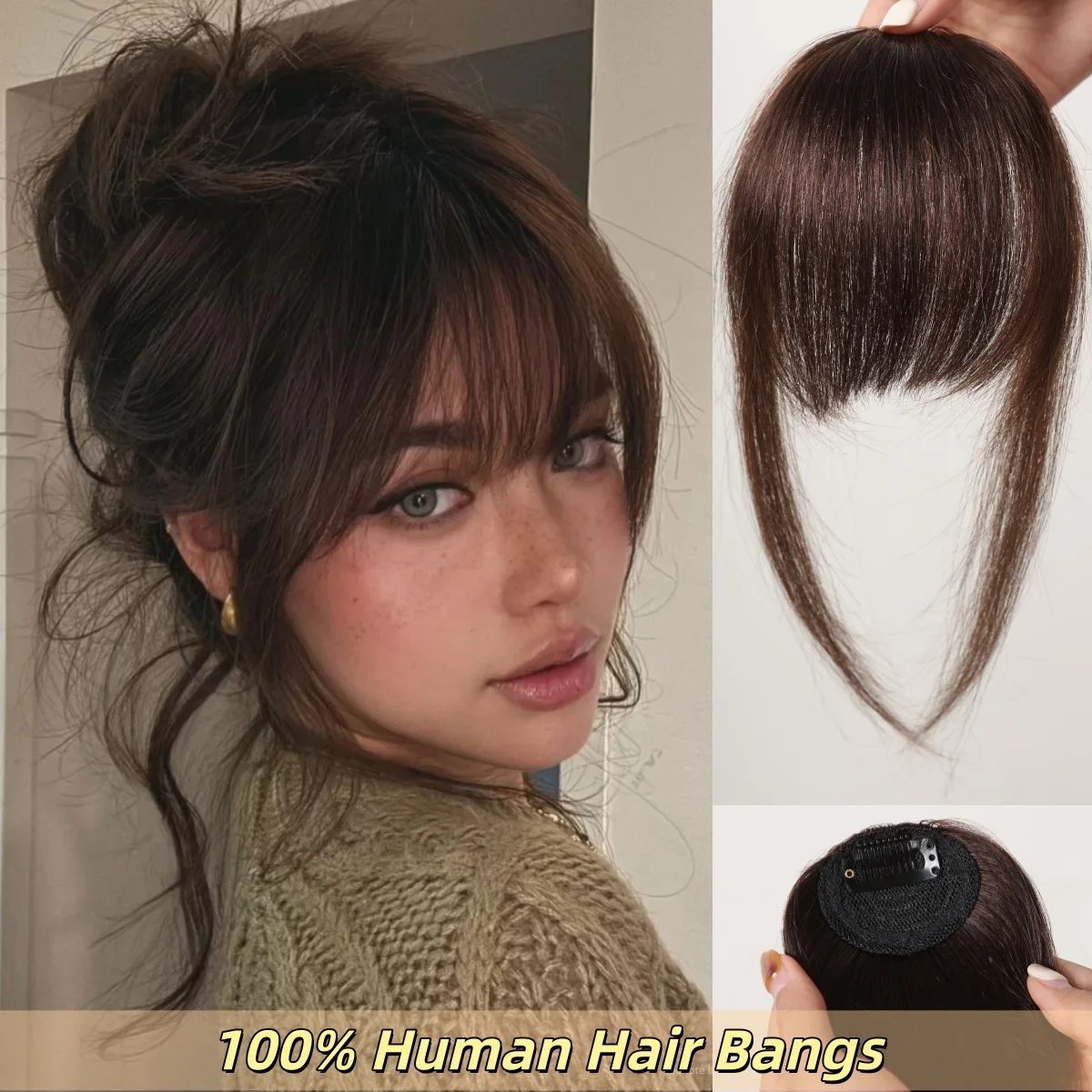 

100% Human Hair Dark Brown Bangs Upgraded Air Wispy Fringe with Clip in Hair Extensions for Women Daily Wear Natural Hairpiece