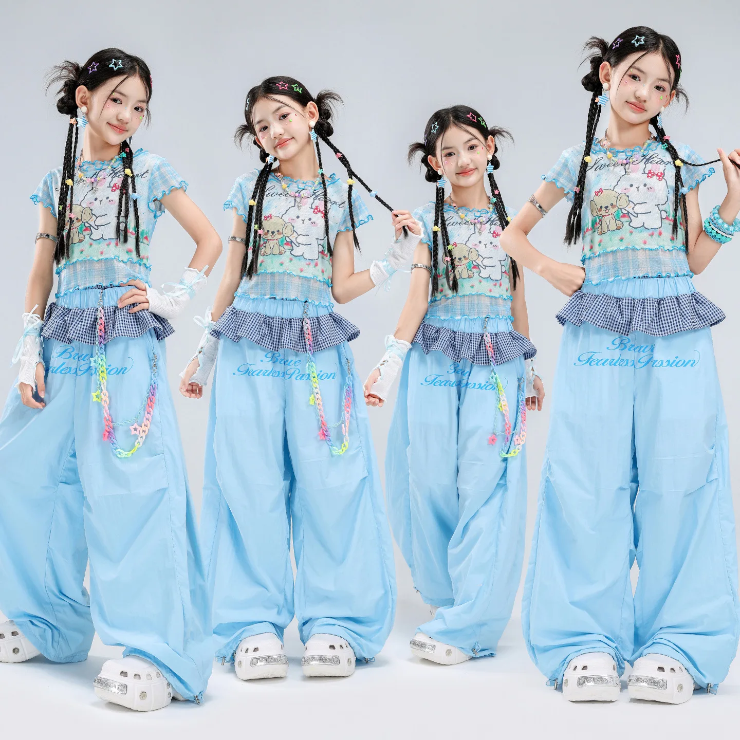 Sweet Heart Bunny Puppy Printed Girls Mesh Tee Wide Leg Pants Set kids Blue Plaid Ruffle Kids Street Dance Performance Outfit