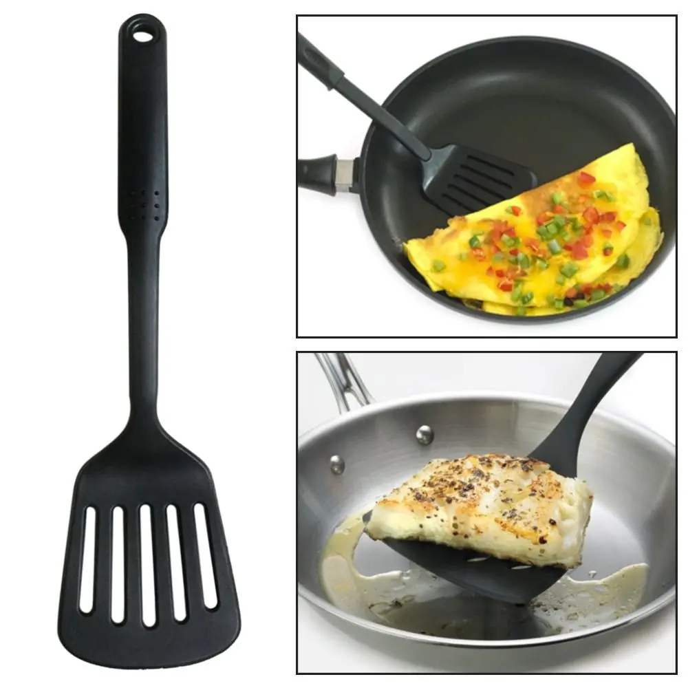 Portable Solid Slotted Spoon Nylon Black Non Stick Cooking Serving Kitchen Heat Resistant Cooking Tool Kitchen Supplies