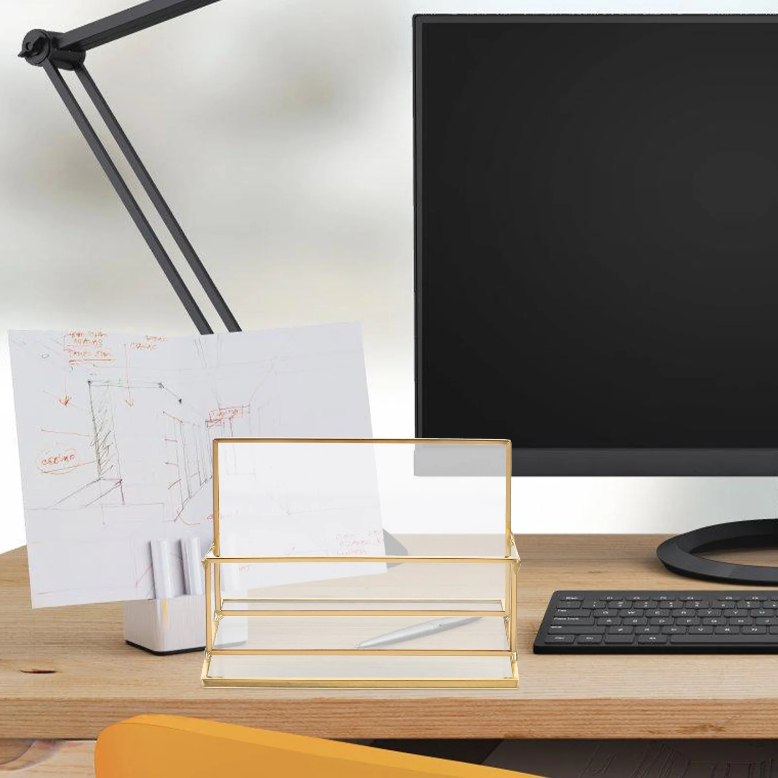 

Brass and Glass Business Card Holder Desktop Organizer for Office Table Card Display Case Name Cards Storage Case Desk Accessory