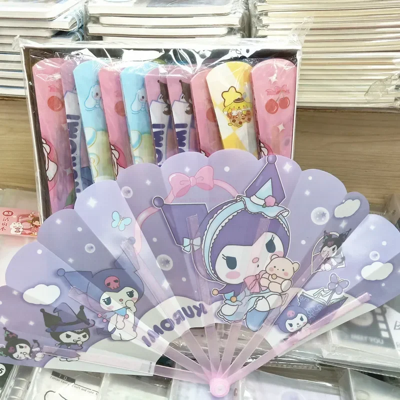 50pcs Sanrio Kuromi My Melody Cinnamoroll Seven Fold Fan Anime Cartoon Pom Pom Purin Portable Summer Folding Fan Gifts Wholesale