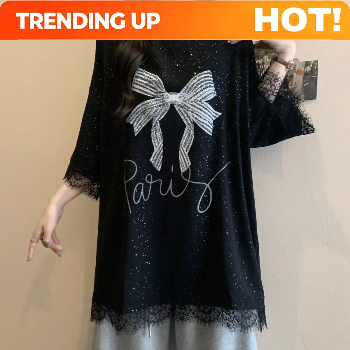 Customization Spring And Summer Plus Size Women's Hot-selling Loose Wrinkled Ice Silk Bow Embroidered Three-quarter Sleeve T-shi
