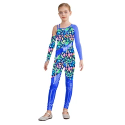 Kids Girls Gymnastics Dance Jumpsuit Ballet Figure Skating Acrobatics Performance Costume One Shoulder Leopard Print Bodysuit