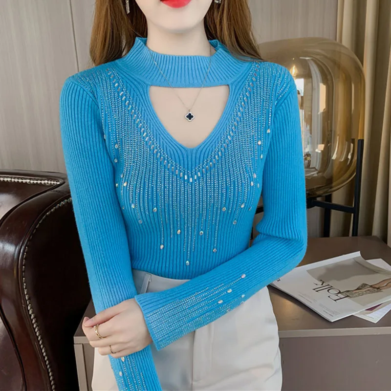 Korea Half-High Collar Hollowed-Out Diamond Mesh Long-Sleeved Women\'S Autumn Bottoming Fashion Knitted Sweater