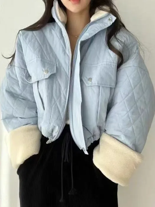 شيك الخريف الشتاء الدافئة لامب المخملية القطن Jaet المرأة فضفاضة شخصية طوق ort تصميم مكافحة الشيخوخة الملابس القطنية