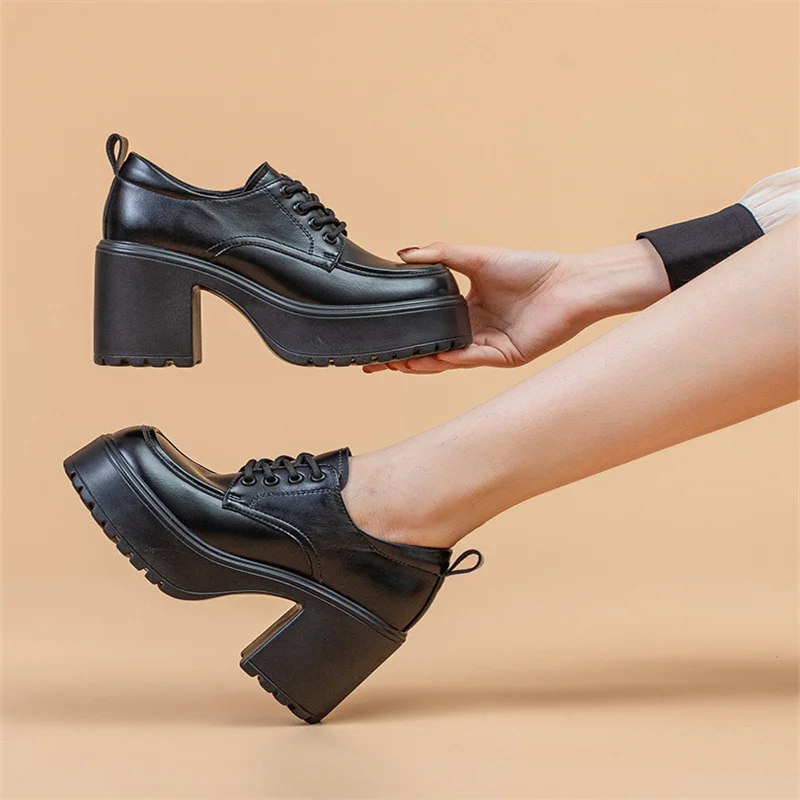 New Style High Heels Platform Pumps Spring Fashion Lace Up Solid Black Shoes Woman PU Leather Waterproof Shoes Femme Chaussures 