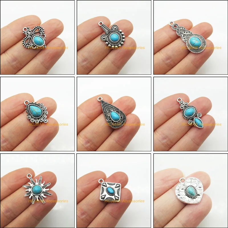 New Antiqued Silver Plated Heart Square Flower Teardrop Turquoise Charms Pendants For Gifts Jewelry