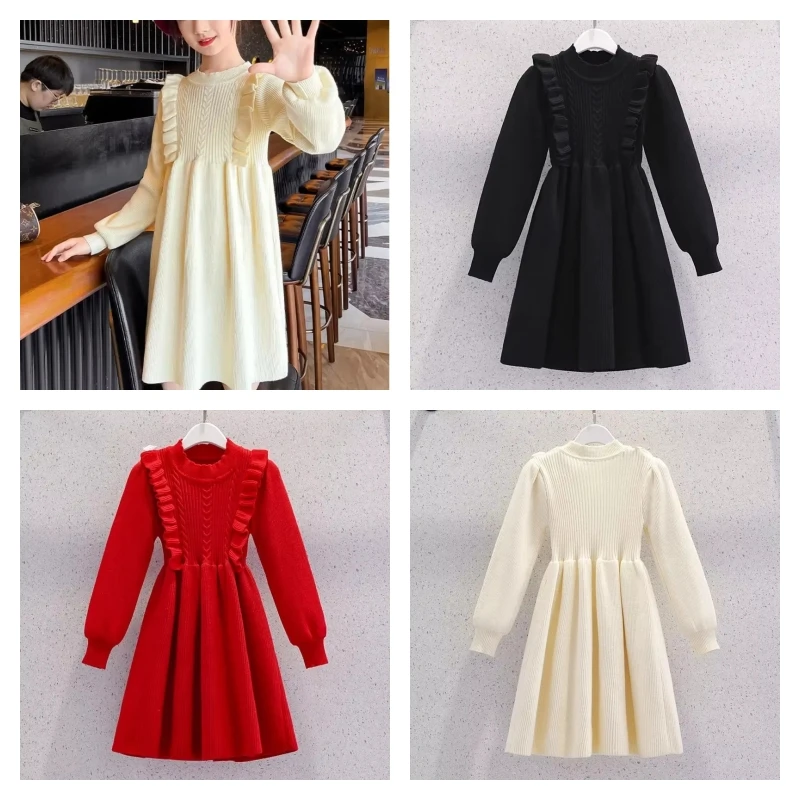 

Лидер продаж, модное трикотажное платье для девочек, студенческое осенне-зимнее повседневное свитер с круглым вырезом и рисунком, вязаная юбка, детская одежда