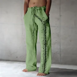 Men's Wide Leg Pants Solid Color 3D Printing Loose Beach Pants Holiday Casual Loose Linen Trousers Summer Fashion