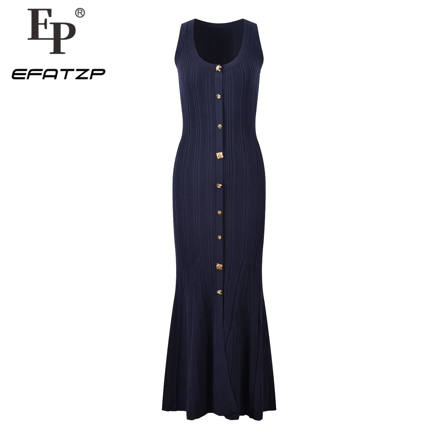 Navy blue sleeveless long Knitted Dress Women New 2024 Summer Slim Dresses 5240100