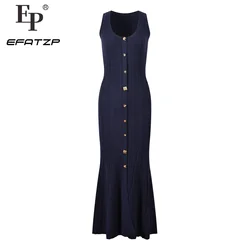 Navy blue sleeveless long Knitted Dress Women New 2024 Summer Slim Dresses