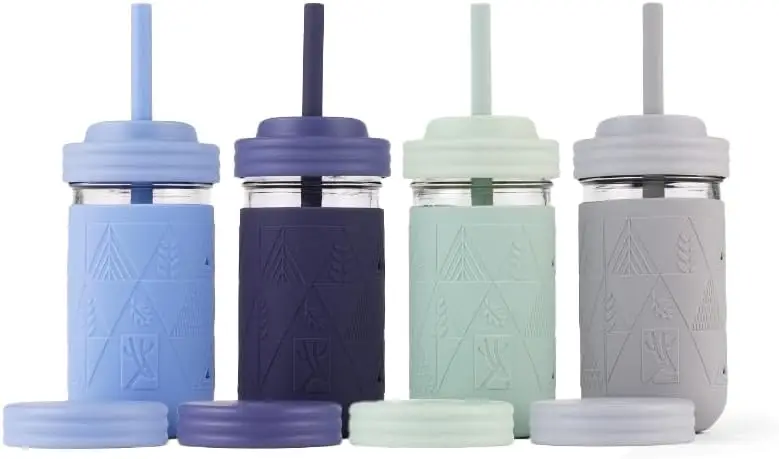 

Smoothie Cups For Kids & Toddler | The Original Glass Mason Jars 12 oz with Silicone Sleeves & Straws |Spill Pro