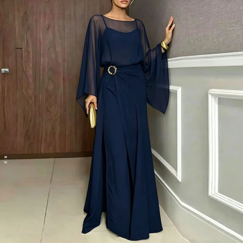 Women Formal Jumpsuit 2Pcs Set Sheer Flare Sleeve High Waist Split Overlay Wide Playsuit Suit Evening Prom Wedding Romper Outfit view 5