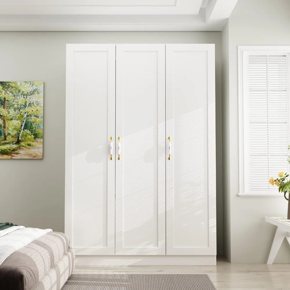 

3 Doors Wardrobe Armoire Closet, Large Freestanding Armoire Wardrobe Cabinet with Shelves & Hanging Rod, Bedroom Wood Clo