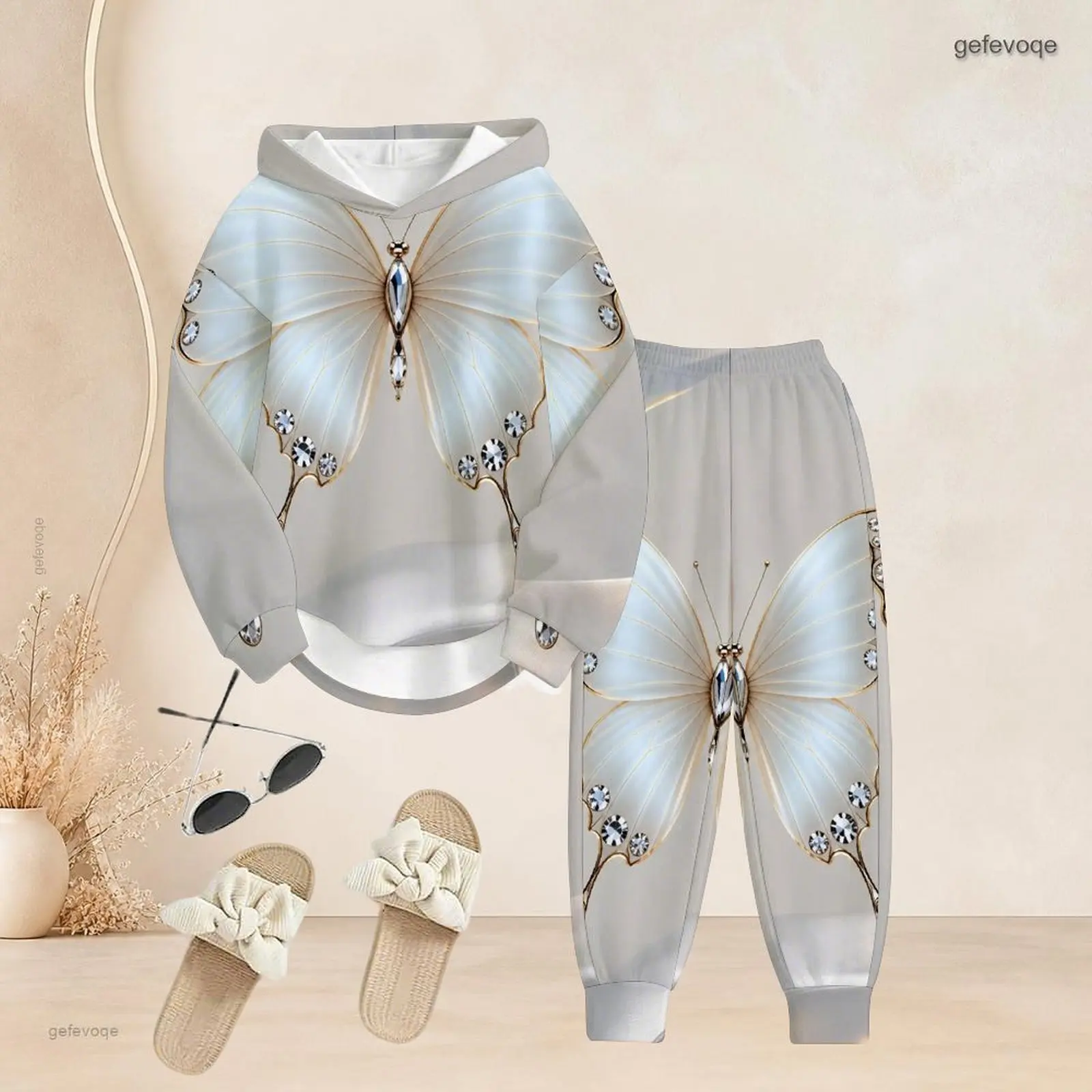 Women Printed Pants Set Long Sleeve Hooded Top Cuffed Pants Two Piece