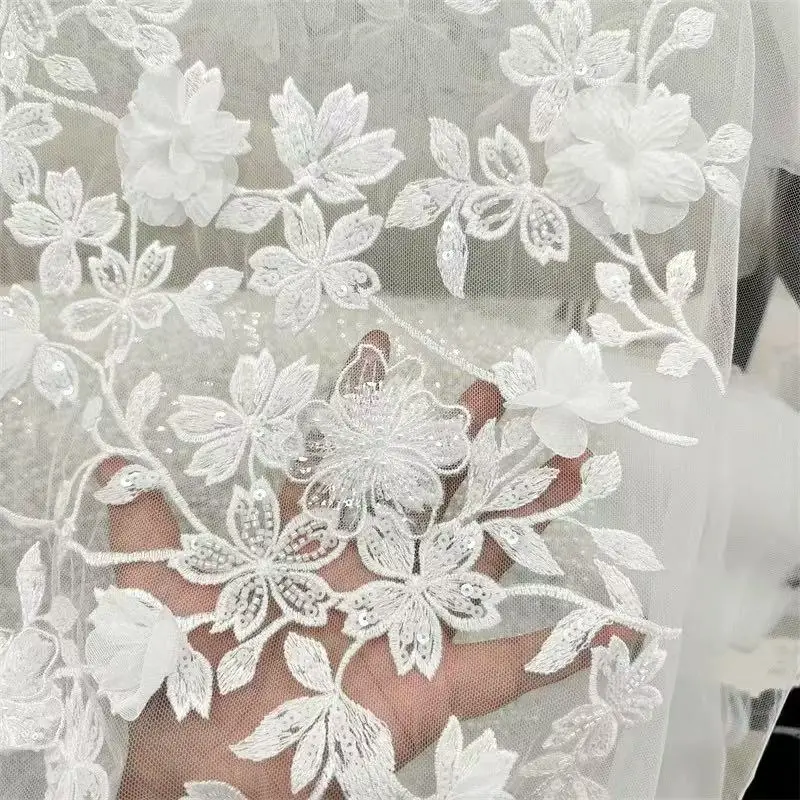 

3d цветы свадебная кружевная ткань с бусинами и блестками для свадебных платьев, аксессуары для платьев невесты
