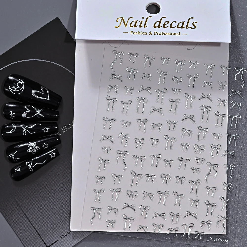 

2Pcs 3D Metal Silver Bowknot Nail Art Sticker Exquisite Ribbon Self-Adhesive Nails Decals Y2K Bow Slider DIY Manicure Accesories