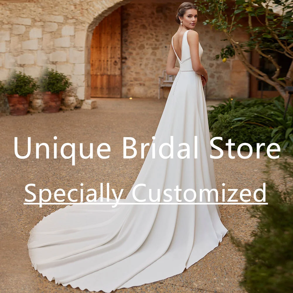 Customized Designer Wedding Dresses For Women A-Line Jersey Deep V-Neck Lace Draped Backless With Button Court Train Bata Novia