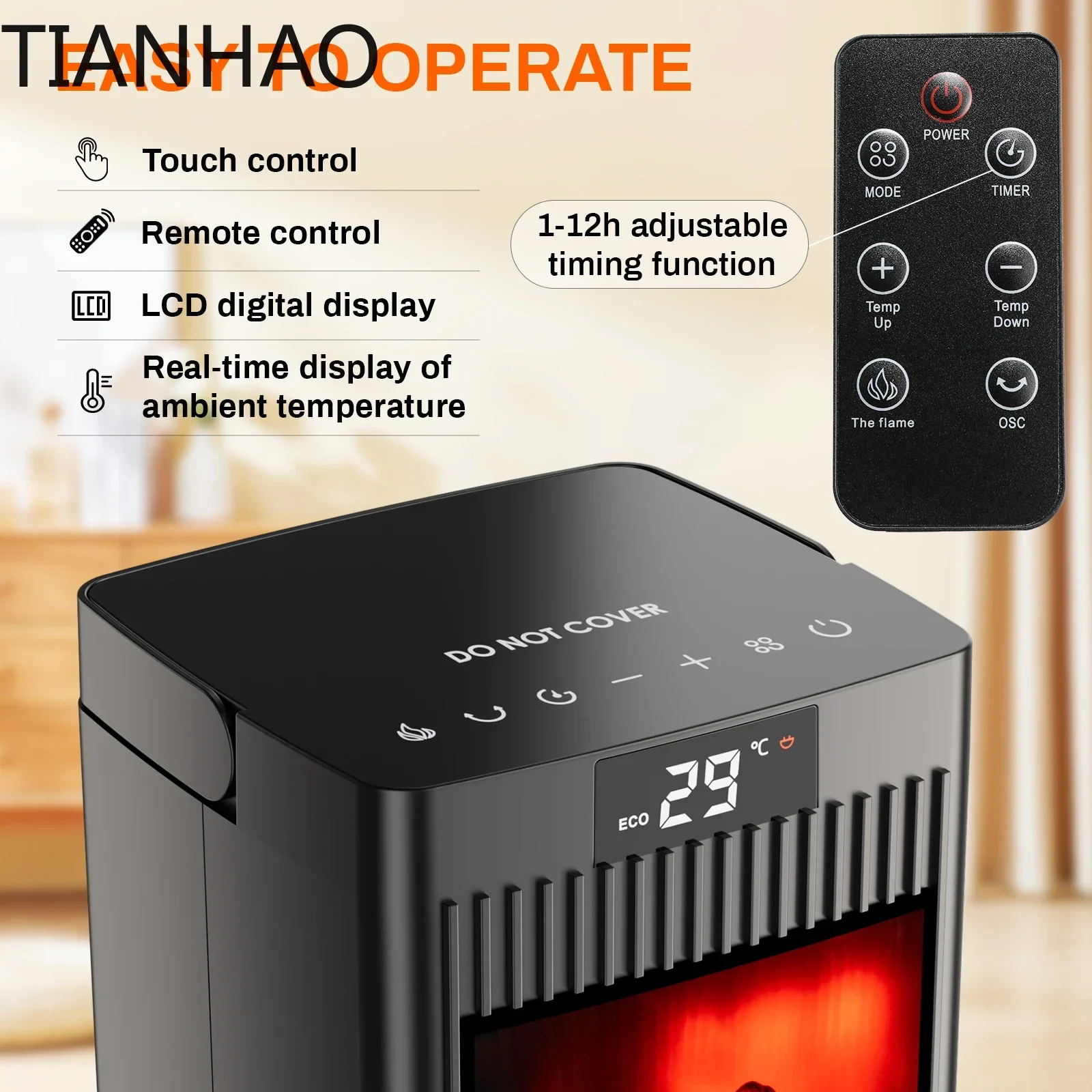 Electric Heater Fan, 1500W PTC Ceramic Portable Timer,Remote Control,Thermostat,Overheat Protection, LCD Flame Display