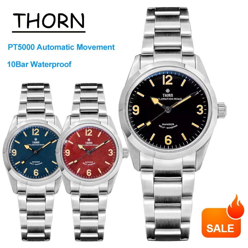 

Винтажные часы Thorn T003, 34 мм, с автоматическим механизмом PT5000, механические, с сапфировым стеклом, светящиеся, водонепроницаемые до 100 м, парные часы