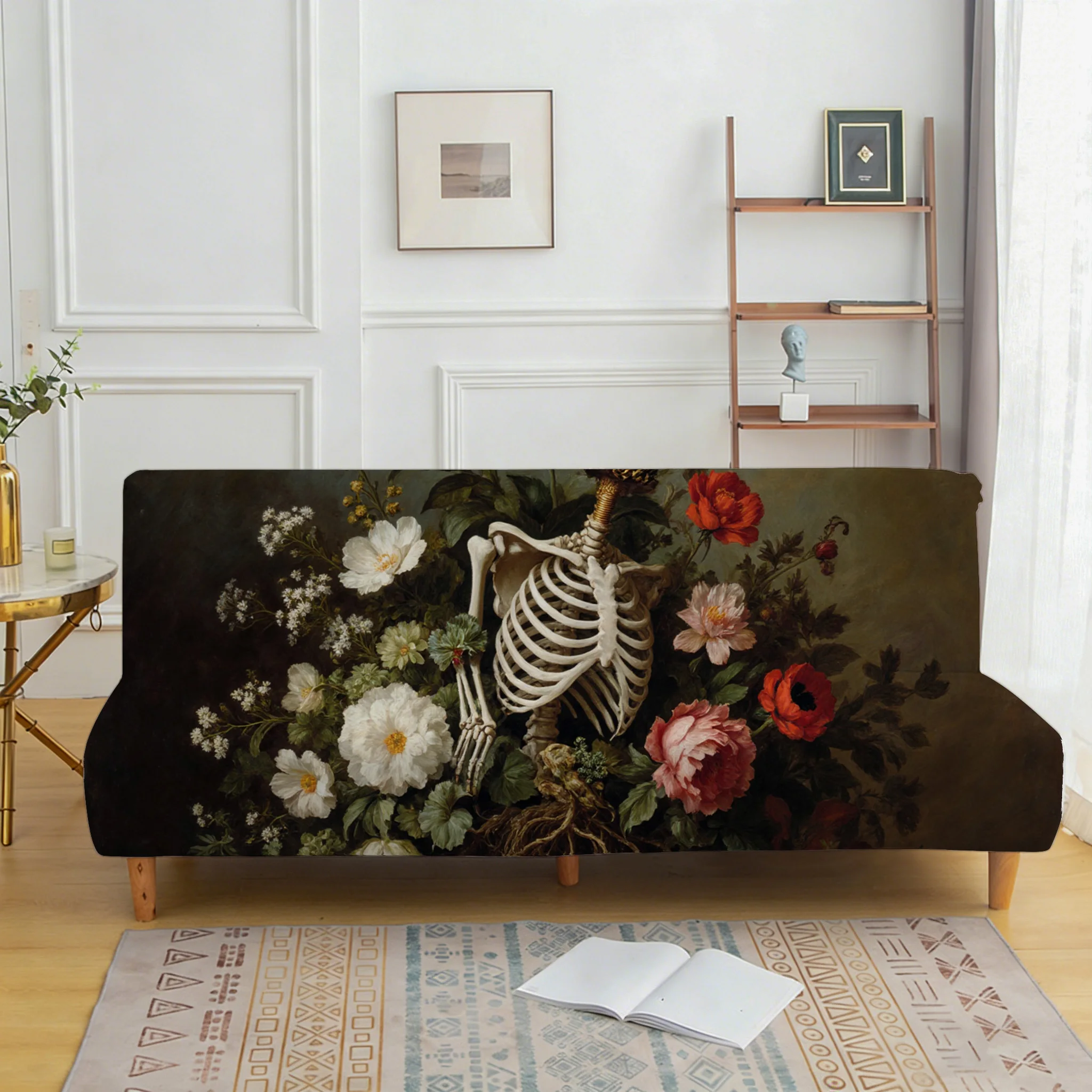 Skull Growth Flower Printed Elastic Sofa Bed Cover, Living Room Sofa Bed Cover, Dustproof Machine Washable Sofa Bed Cover