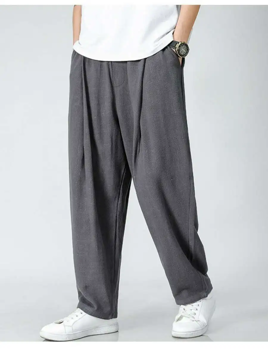 

Мужские повседневные брюки из хлопка и льна, широкие брюки-галифе, летние модные свободные длинные брюки, удобные прямые брюки-трубы