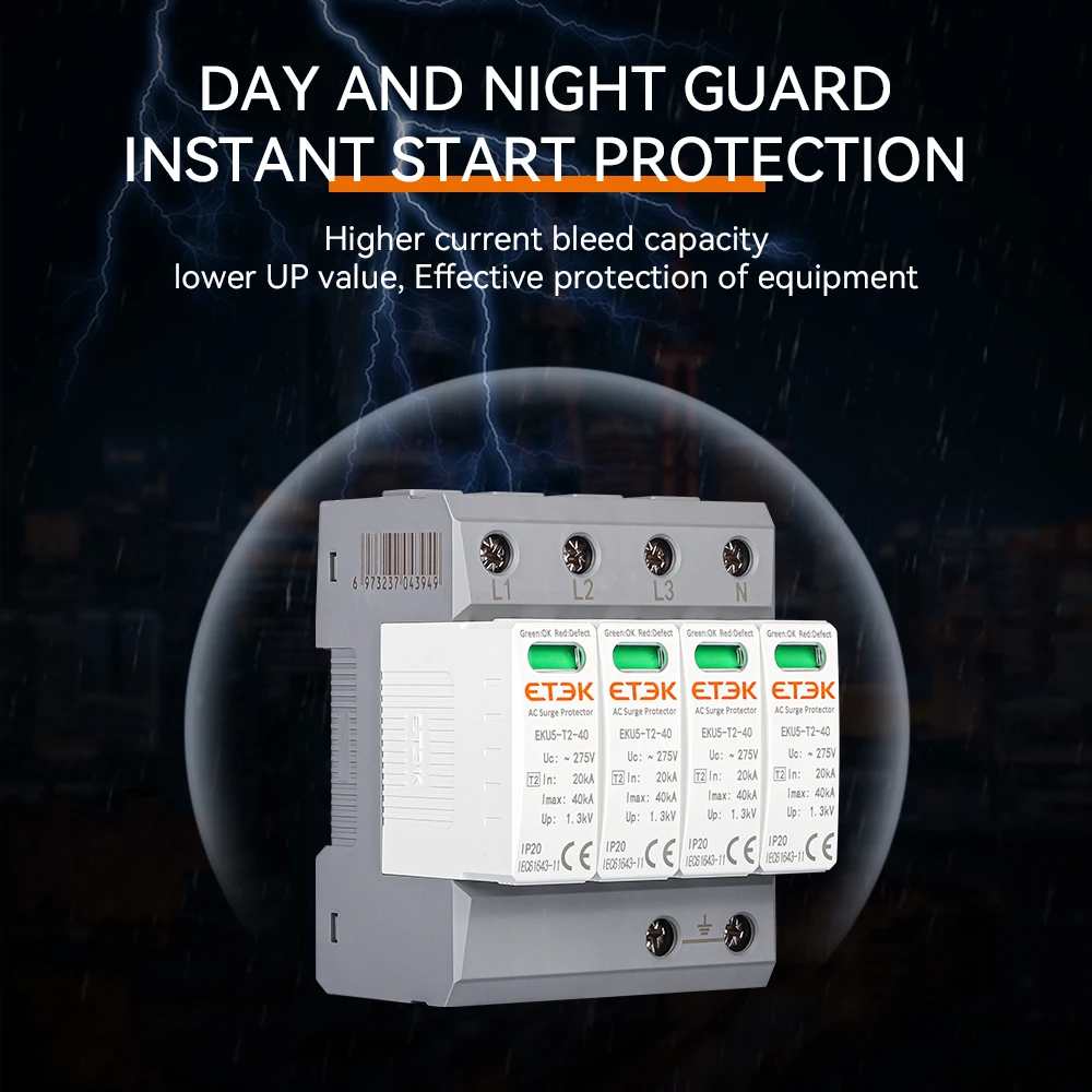 ETEC House Surge Protective Device Protector Arrester Protection Type T2 SPD AC 2P 3P 4P 20KA~40KA 275V EKU5