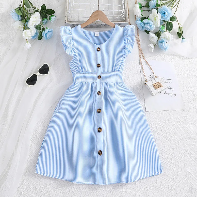 Summer New Light Blue Stripe Ruffled Sleeveless V-Neck Dress Elegant Cute Daily Casual Girl Dress