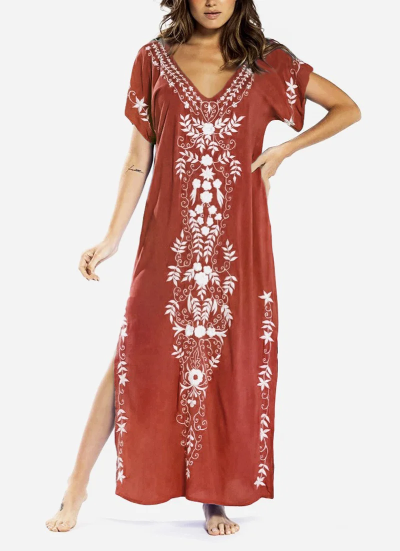 Dresses for Women Summer Short Sleeve V-Neck Casual Beach Sundress Ethnic Floral Print Long Boho Midi Dress Costume Dresses