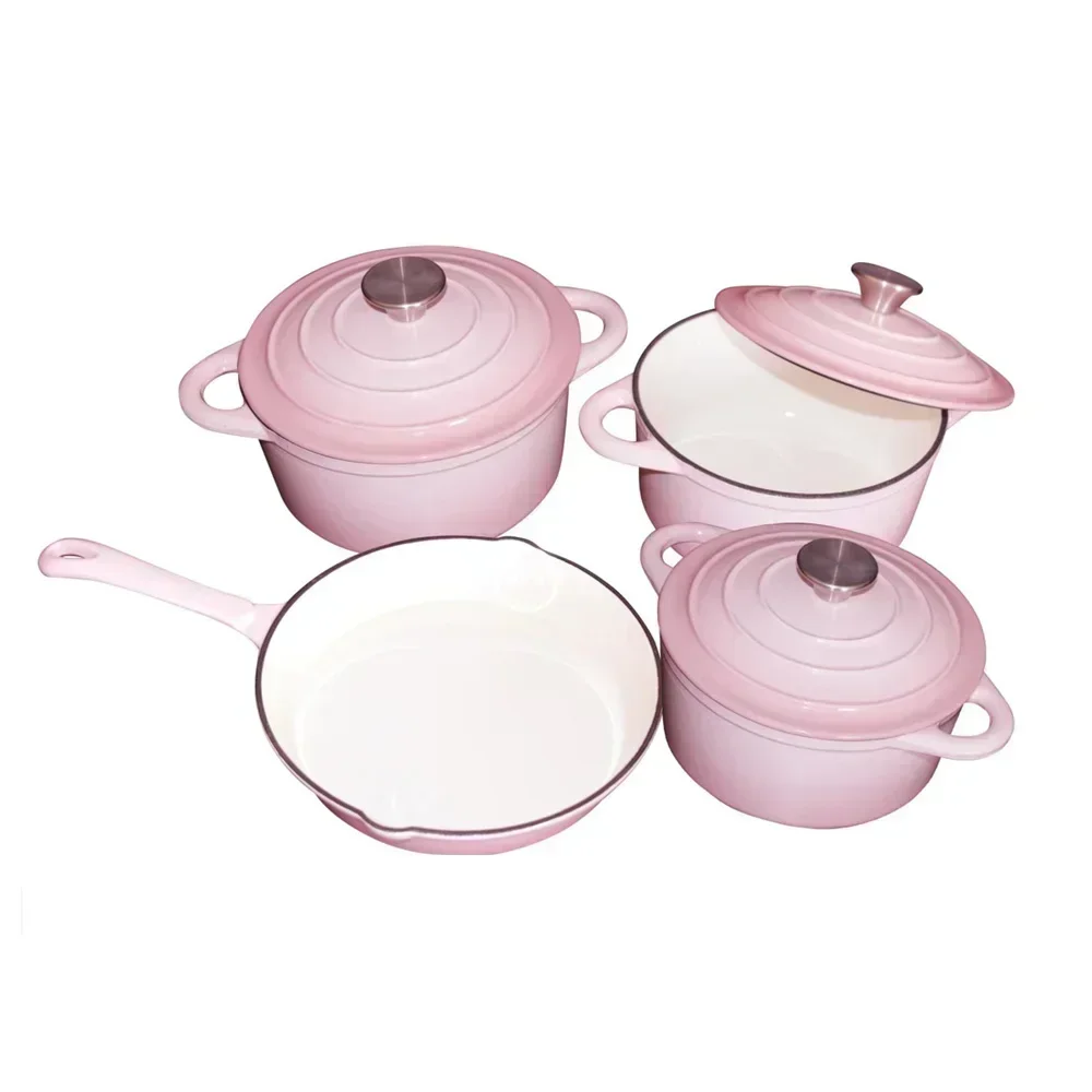 

Hot sales Kitchen Enameled Dutch Oven Cast Iron Cookware Casserole Cooking Soup & Stock Pots And Pans Set Pink