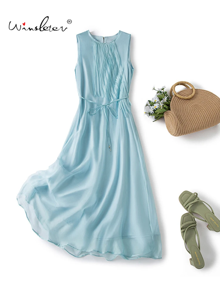 Winsleter-100% Silk Elegant Dress, O Neck Sleeveless Solid, Women French Beach Vacation Fairy Vest Dresses, 2026 Summer D64410CC
