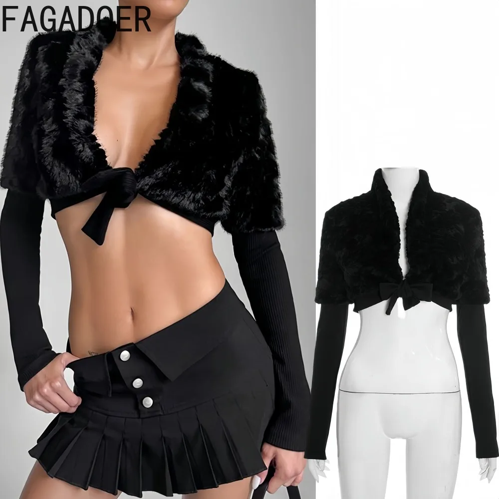 

FAGADOER, новая зимняя сексуальная облегающая футболка с мехом в стиле пэчворк, женская однотонная бандажная футболка с глубоким v-образным вырезом, женская уличная одежда