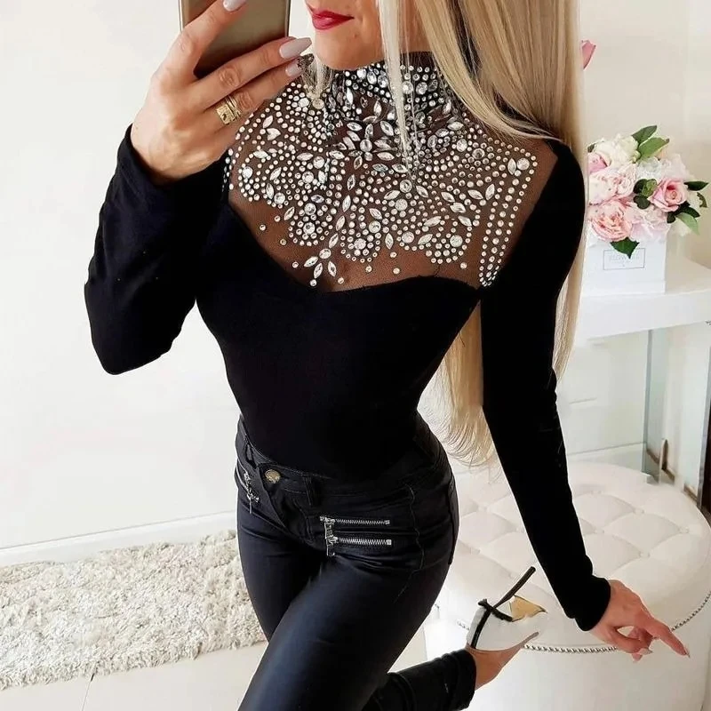 

Women's Solid Color Rhinestone Mesh Patchwork Top Spring Summer New T-shirt Top Women's Long Sleeve Turtleneck T-shirt