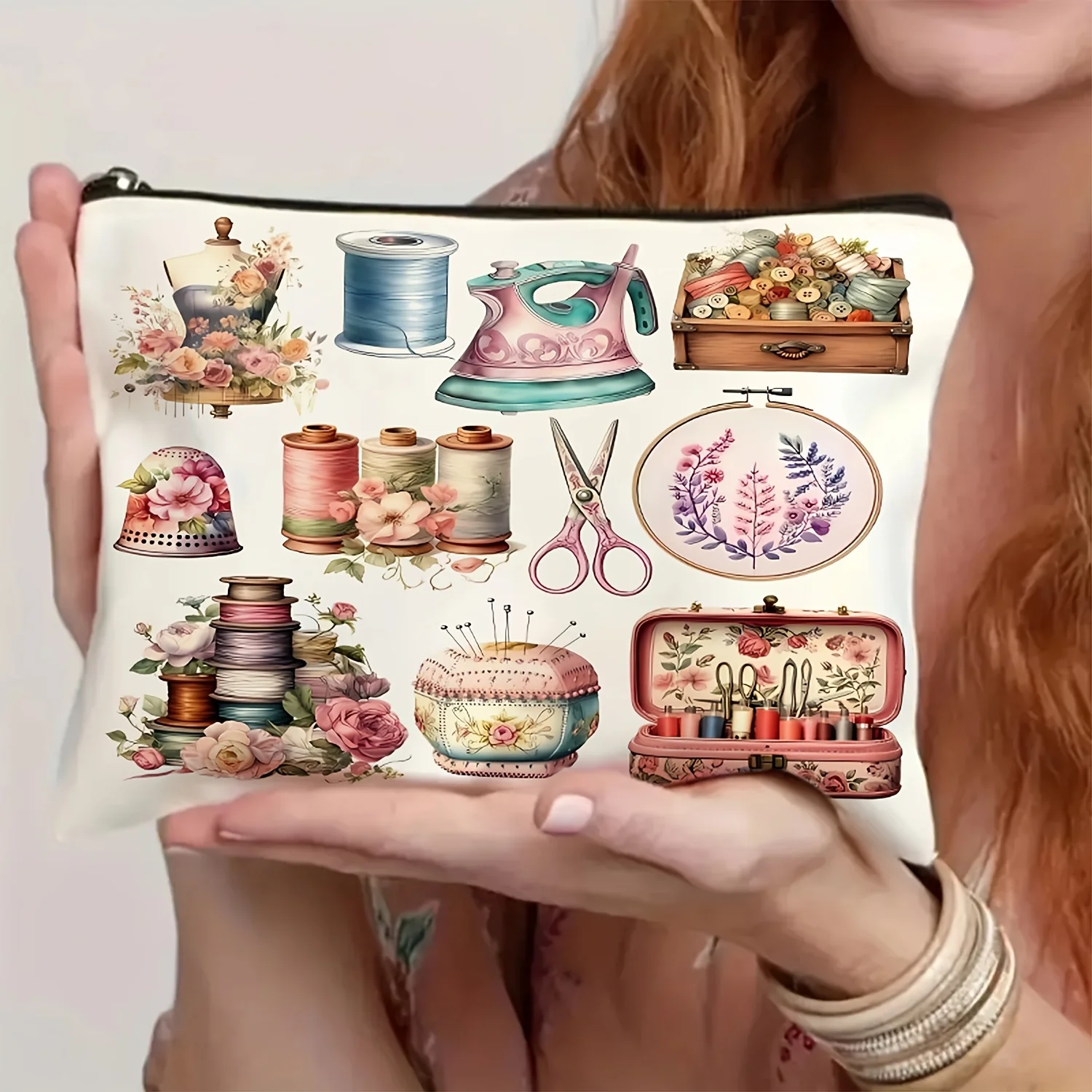 Hand Sewn Themed Makeup Bag Vintage Sewing Machine Floral Print Durable Zipper Foldable Large Capacity Travel Cosmetic Organizer
