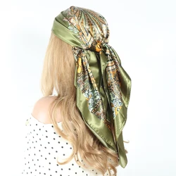 Foulard de tête en soie pour femmes, luxueux, en Satin, paréo, carré, Bandana, 90x90